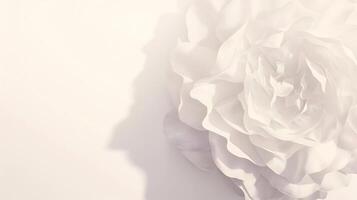 Minimalist codolences card with white flower and copy space for text. White light funeral invitation template photo