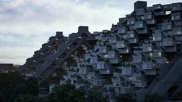 Modern architectural design featuring unique stacked structures at dusk video