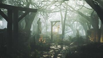 Mysterious forest landscape with stone statue and lantern at twilight video