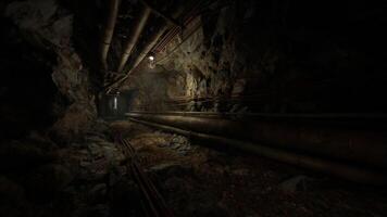 Exploring a dim bunker with rocky walls and exposed pipes video