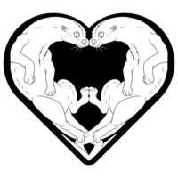 A black and white drawing of two cats in a heart shape png