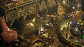Golden treasures hidden in a secret dungeon surrounded by ancient relics video