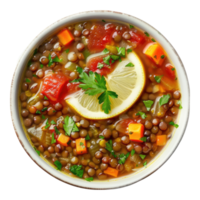 A bowl of soup with vegetables and lemon png