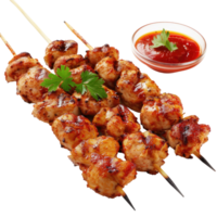 Chicken skewers with sauce and garnish png