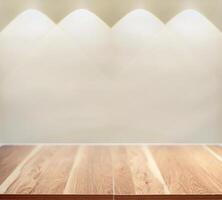 light beam shines on brown empty wooden table top with wall background photo