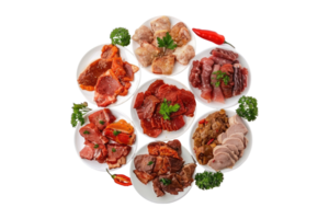 Platter of different expensive meats isolated on transparent background. png