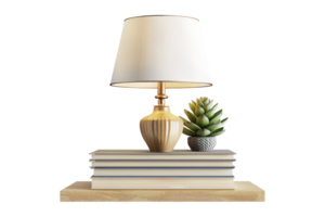 A lamp with a plant on top of a stack of books png