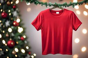 A plain red t-shirt mockup is hanged and presented with Christmas decoration background photo