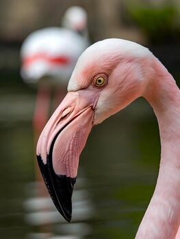 Closeup view of a flamingo bird showing its beak and eye photo