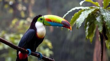 A toucan bird is sitting on a tree branch during rainy season with water droplets on its beak and feathers photo