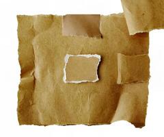 Wrinkled brown paper with rough torn edges on a white background, ideal for vintage design overlays. photo
