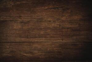 Close-up of a dark rustic wooden plank surface with natural textures and wood grain patterns. photo