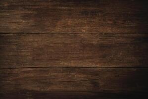 Close-up of a dark rustic wooden plank surface with natural textures and wood grain patterns. photo