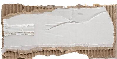 Close-up of torn corrugated cardboard with rough, textured edges and exposed layers. photo