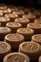 Freshly baked traditional cookies lined up on a wooden table in a warm, cozy kitchen during the afternoon photo