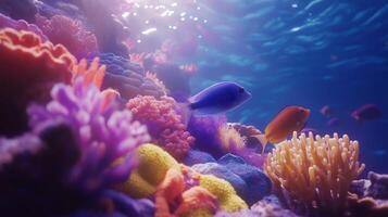 Vibrant coral reef teeming with colorful fish in crystal clear ocean waters during a sunny day photo