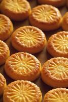 Freshly baked golden pastries arranged neatly on a tray, showcasing a beautiful floral pattern with a tempting shine photo