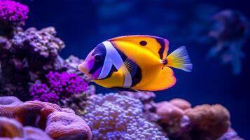 Colorful clownfish swimming among vibrant corals in a well-maintained aquarium during daylight hours photo