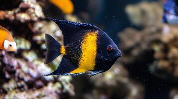 Colorful black and yellow angelfish swimming gracefully among coral in a vibrant aquarium setting photo