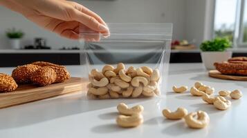 Cashews are being stored in a ziplock bag on a bright, modern kitchen surface photo
