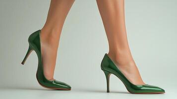 Stylish green heels highlight fashion elegance in a minimalistic studio setting photo