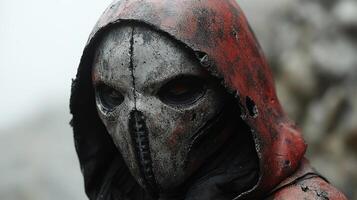 A shadowy character with a haunting mask gazes enigmatically into the distance photo