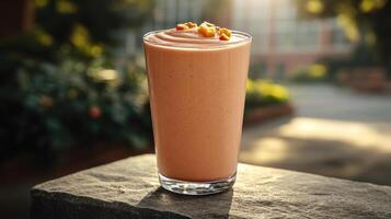 A refreshing smoothie topped with nuts stands on a stone surface in sunlight photo