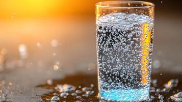 Bubbles rise in a clear glass as sunlight creates a mesmerizing glow around it photo