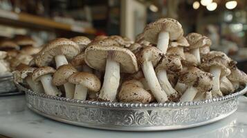 A vibrant assortment of mushrooms gathered on an ornate platter at a local market photo