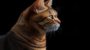 A beautiful tabby cat quietly watches its surroundings in the dim light photo