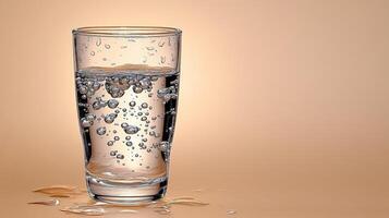 Clear water with bubbles gleams in a glass, reflecting light against a warm backdrop photo