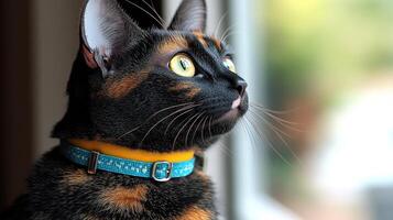 A tortoiseshell cat with bright eyes watches intently from a sunny windowsill photo