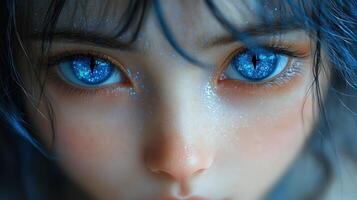 A captivating character with sparkling blue eyes gazes thoughtfully into the distance photo
