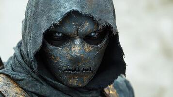 A haunting character with dark features embodies mystery and intrigue in twilight photo
