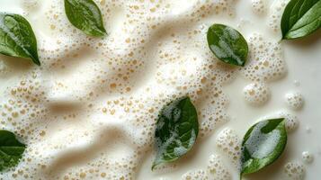 Fresh basil leaves float atop frothy milk, creating a delightful culinary contrast photo
