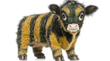 A playful striped calf poses cutely, showcasing its fuzzy coat and inquisitive expression photo