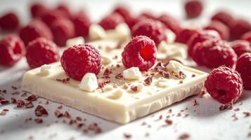 A delightful white chocolate square topped with fresh raspberries and chocolate bits photo