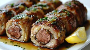 Tender meat rolls glisten with broth, topped with fresh herbs and a lemon wedge for zest photo