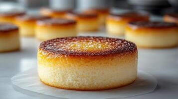 Golden brown flans delicately placed in a bright kitchen, enticing with their sweetness photo