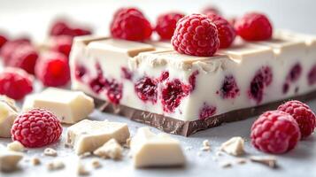 Enjoy a delicious raspberry and white chocolate treat topped with fresh berries photo