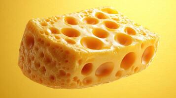 An appetizing slice of Swiss cheese showcases its holes and bright color beautifully photo