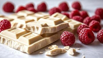 Fresh raspberries complement exquisite white chocolate squares on a textured surface photo