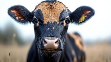 A young calf stands in a serene field, observing its surroundings with curiosity photo