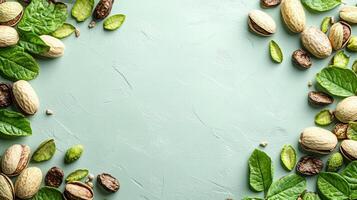 Fresh nuts and vibrant leaves create a colorful and inviting display on a table photo