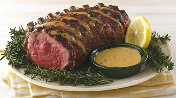 Tender roast beef garnished with rosemary and served with a tangy sauce photo