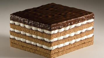 Rich chocolate layers and creamy filling make a delightful dessert photo