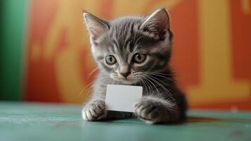 The adorable kitten is deeply focused on a small white card, intrigued by its presence photo