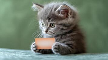 A playful gray kitten holds a blank card, displaying its curiosity and charm photo