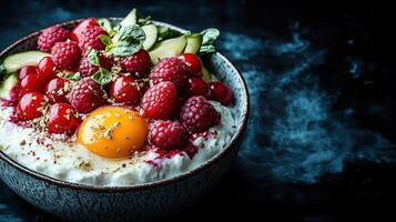 Berries and cucumbers atop creamy yogurt with an egg yolk photo
