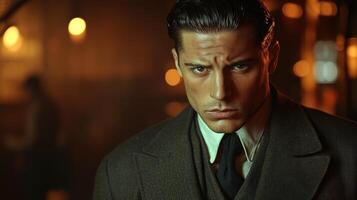 A man in period clothing contemplates deeply, illuminated by warm bar lights photo